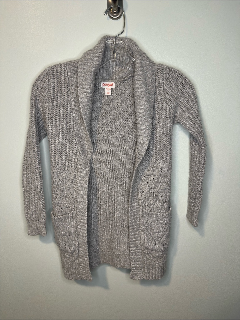 Cat & Jack Girls Heather Gray Cable Knit Shawl Cardigan Sweater Size S 6/6X